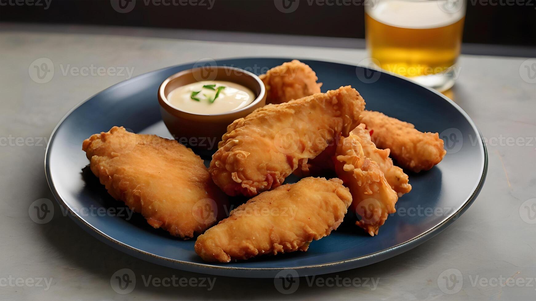 AI generated Crispy fried Breaded chicken strips and nuggets, breast fillet tenders with dipping sauce on a plate. photo