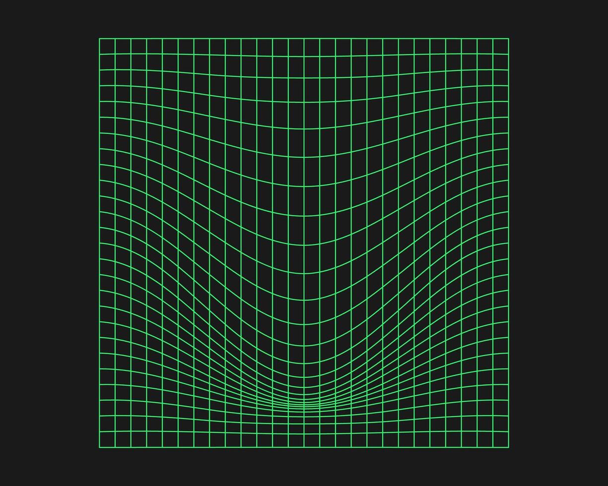 Distorted cyber grid. Cyberpunk geometry element y2k style. Isolated green mesh on black background. Vector fashion illustration.