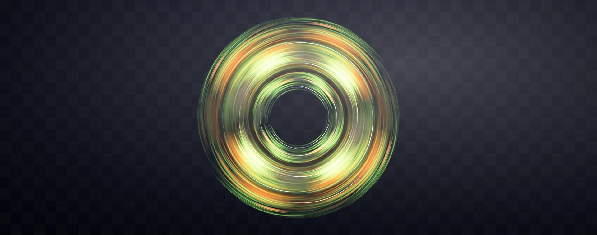 Green and orange magic ring. Zoom in motion effect, glow speed lines, colorful light trails, stripes. Abstract light effect on a dark background. Vector illustration.