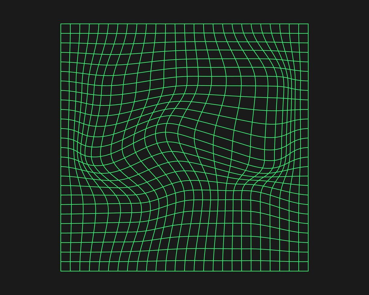 Distorted cyber grid. Cyberpunk geometry element y2k style. Isolated green mesh on black background. Vector fashion illustration.