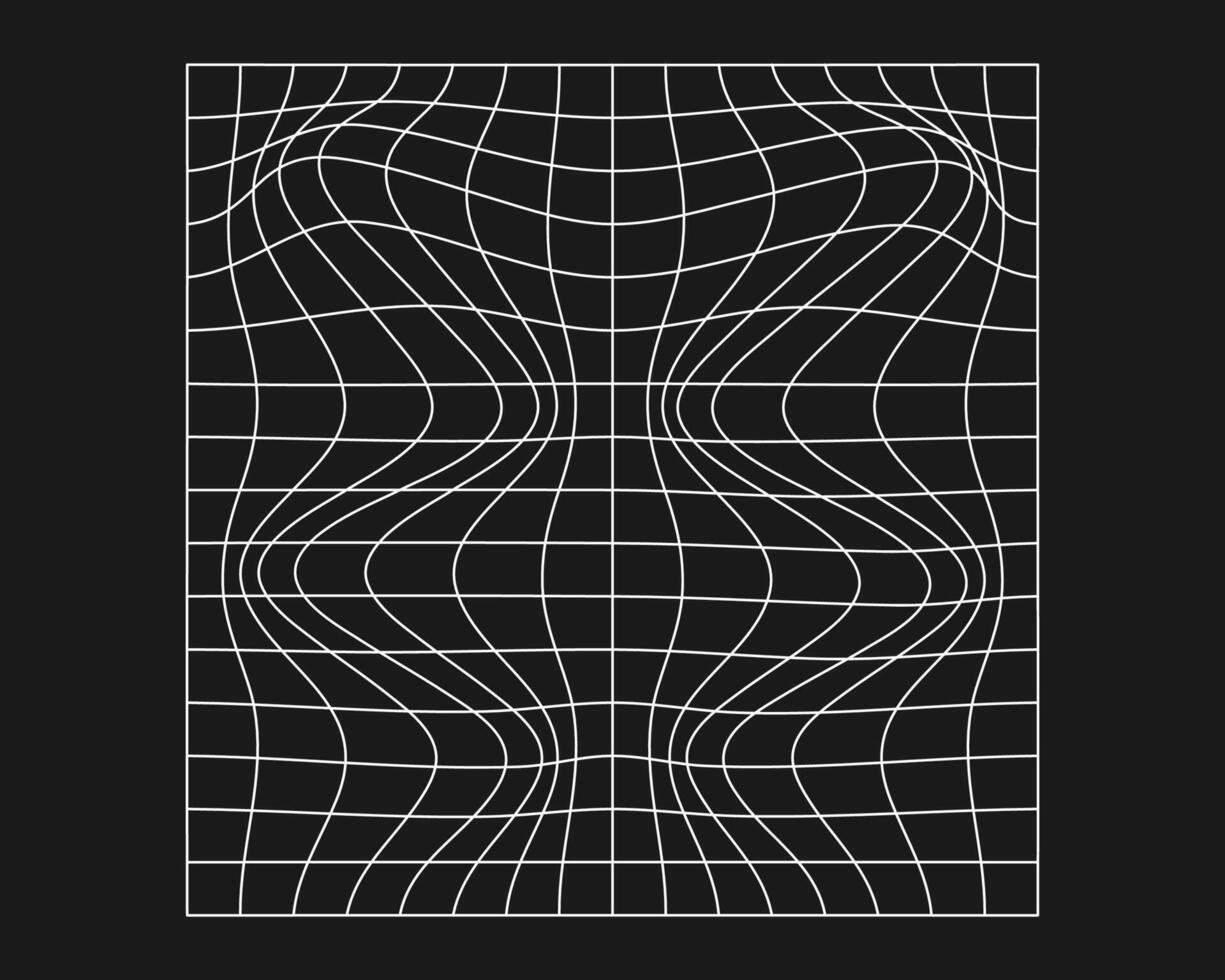 Distorted cyber grid. Cyberpunk geometry element y2k style. Isolated white mesh on black background. Vector fashion illustration.