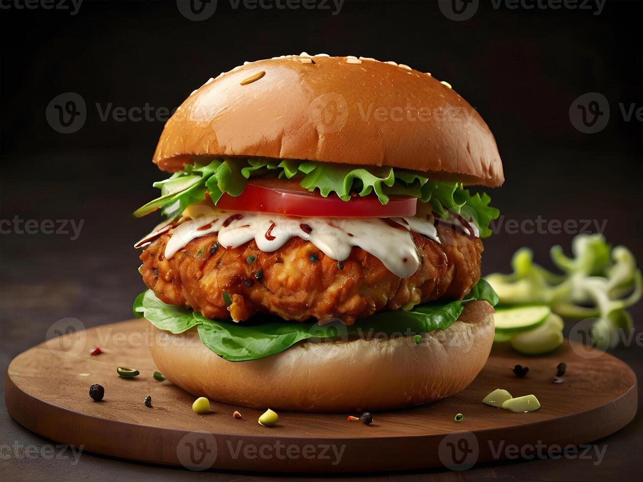 AI generated Fresh crispy fried chicken burger sandwich on wooden table on dark background. AI Generated. photo