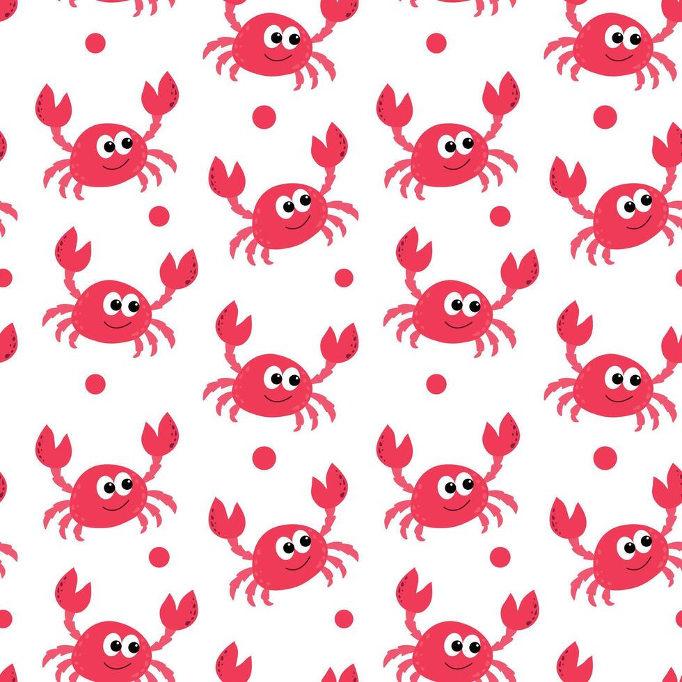 Vector seamless pattern with red crabs on white background.