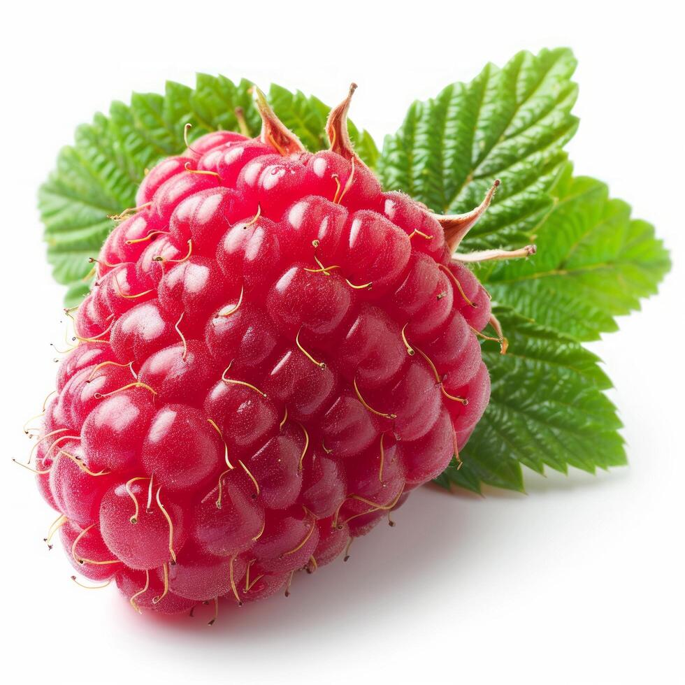 AI generated Raspberry With Green Leaves on White Background photo