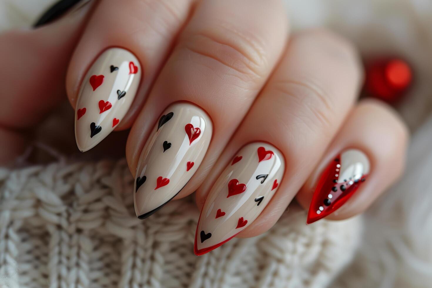 AI generated Womans Nails With Red Hearts photo