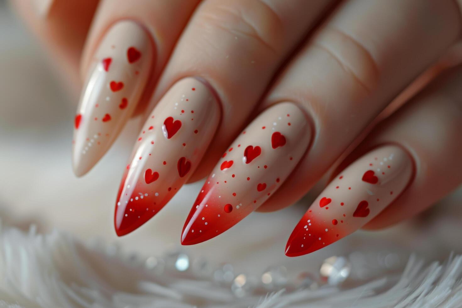 AI generated Womans Nails With Red Hearts photo