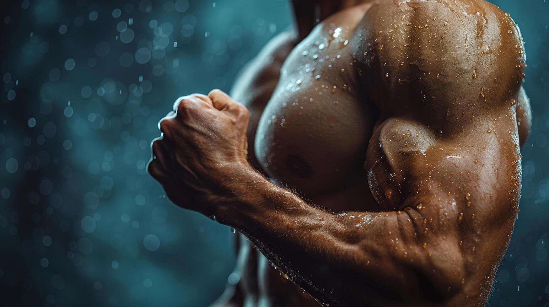 ai generado muscular hombre en pie en lluvia foto