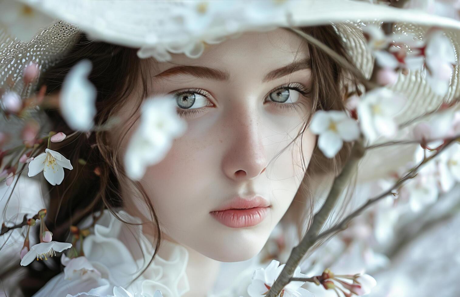 AI generated Woman Wearing White Hat With Flowers photo