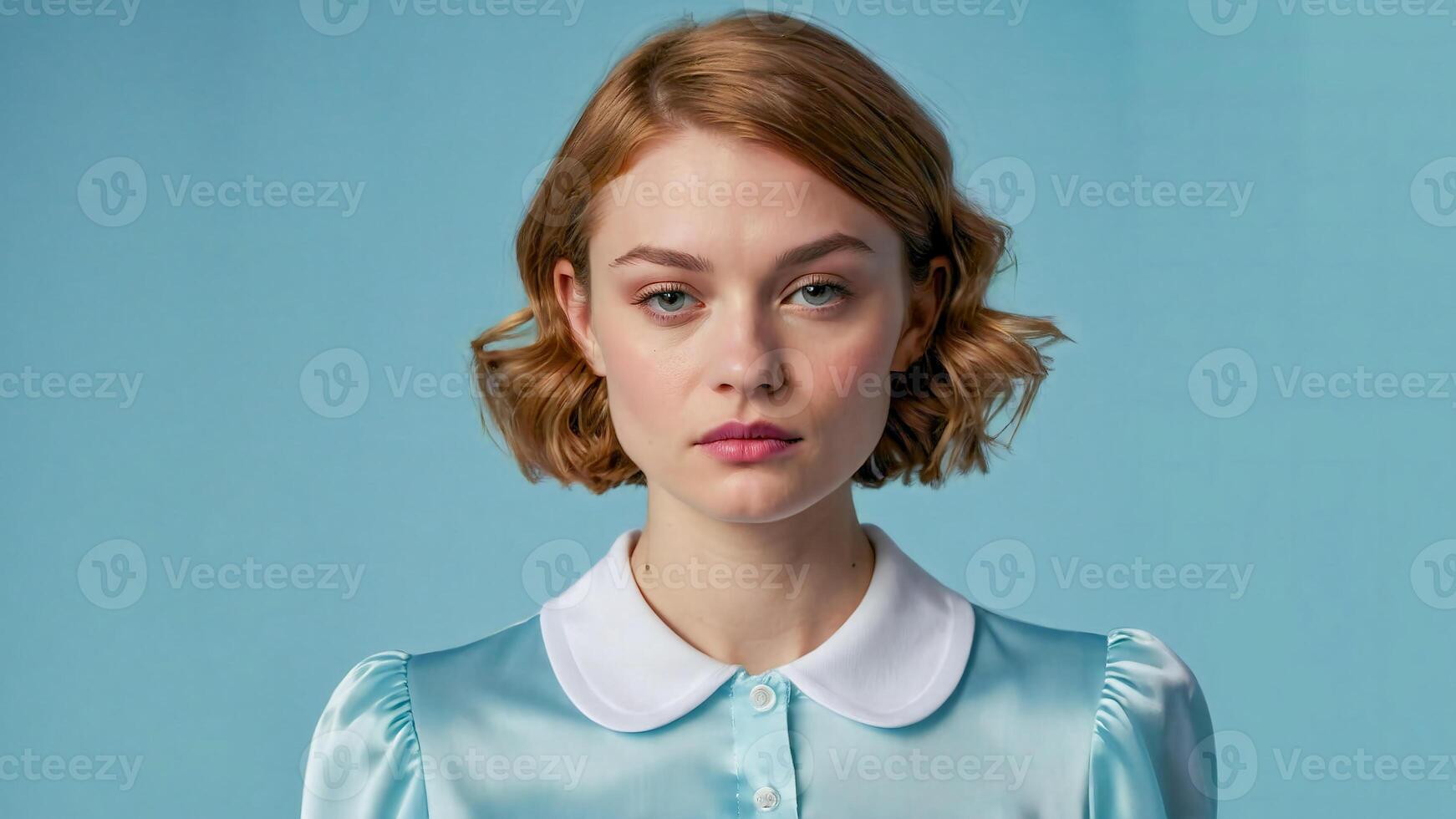AI generated woman wearing a puffy sleeve silk shirt on pastel blue background photo