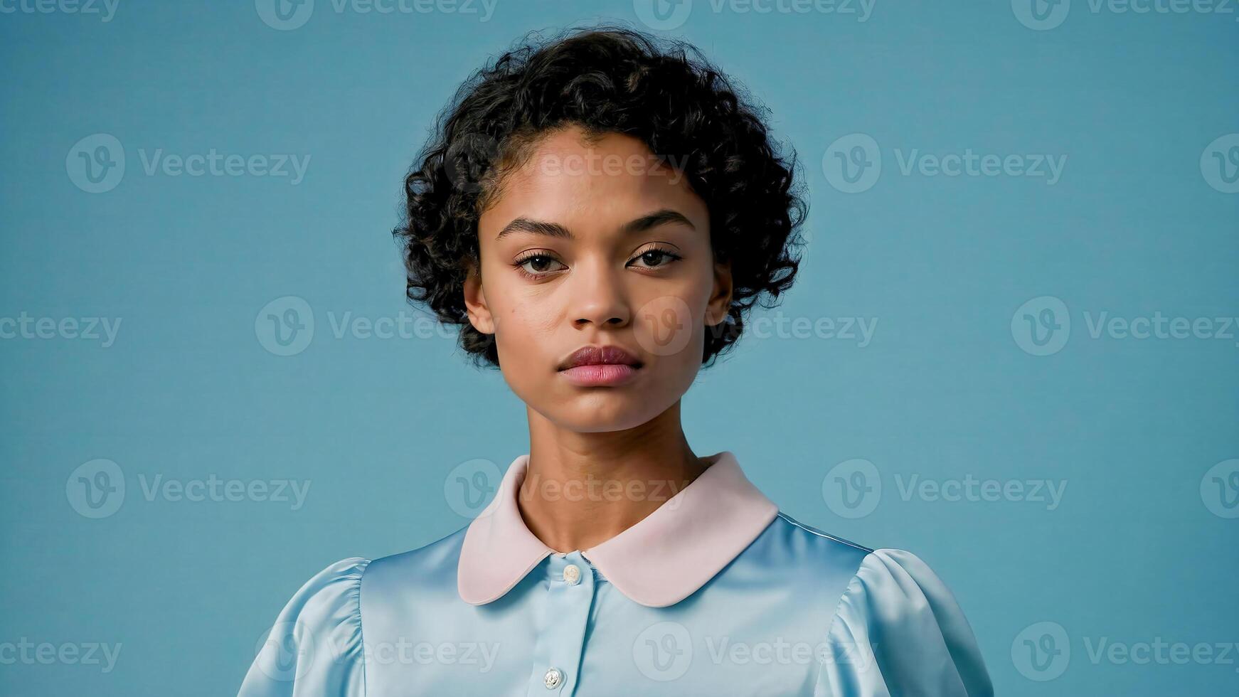 AI generated woman wearing a puffy sleeve silk shirt on pastel blue background photo