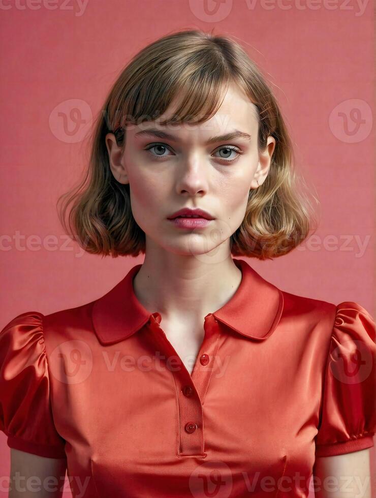 AI generated Vintage 1940s pink soft silk Satin Dress, woman wearing a puffy sleeve silk shirt photo