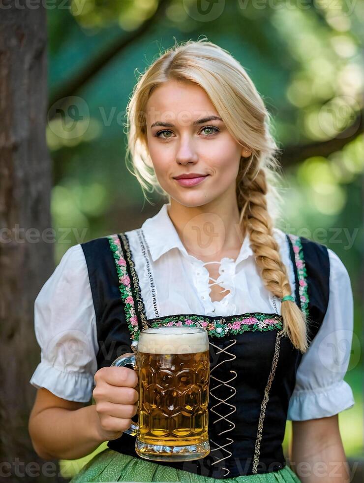 ai generado joven mujer en tradicional bávaro ropa - falda acampanada o tracht con participación un vaso de cerveza foto