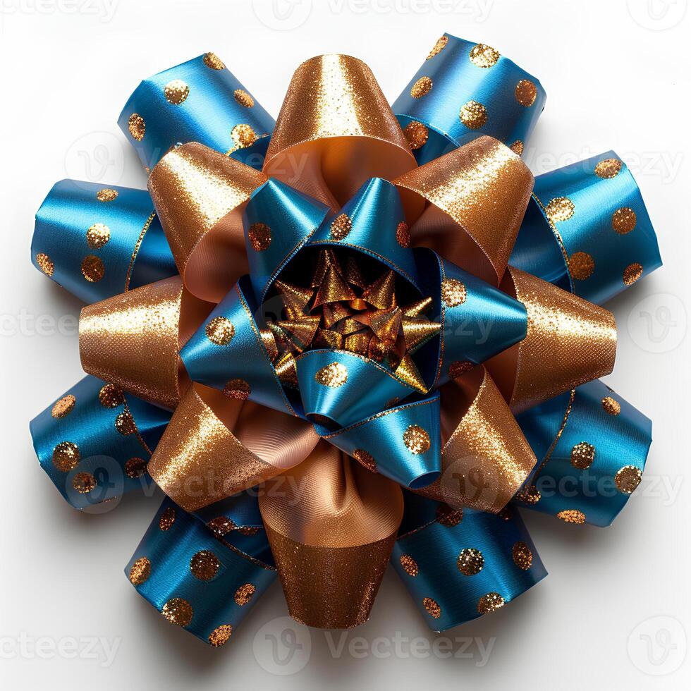 AI generated blue and golden bow isolated on white background with shadow. blue gift bow isolated. golden for gifts and presents photo