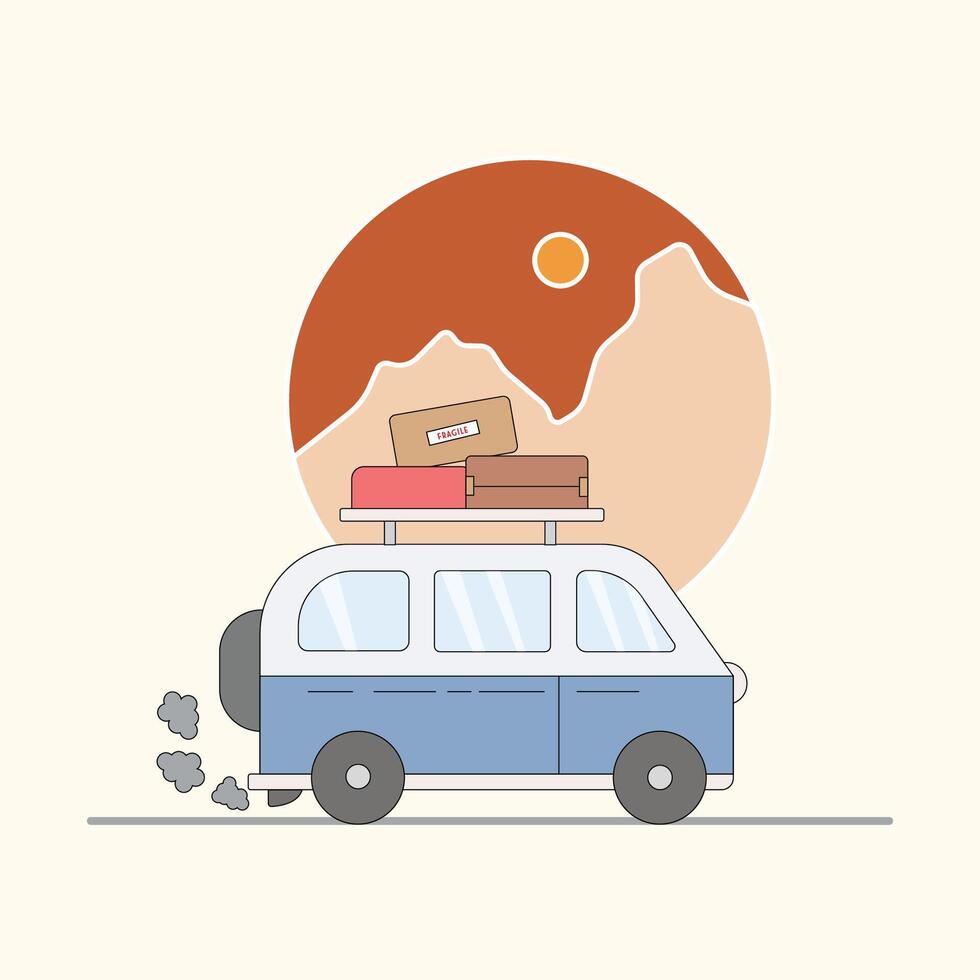 logo vector campervan road to the mountain simple concept retro vintage sticker and apparel illustration