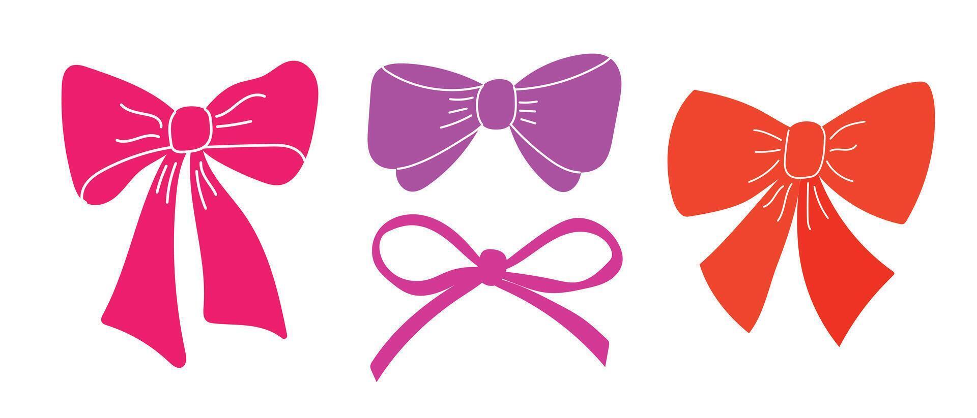 Set of various bows made of wide and narrow ribbons. vector