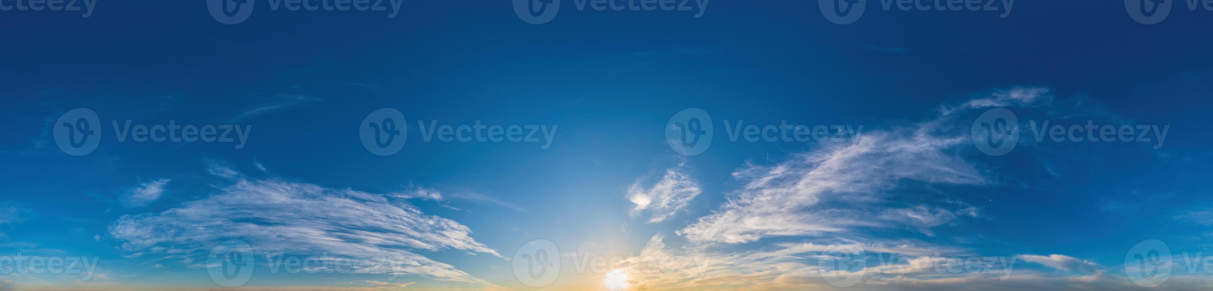 Blue sky with Cirrus clouds Seamless panorama in spherical equirectangular format. Complete zenith for use in 3D graphics, game and for composites in aerial drone 360 degree panoramas as a sky dome photo