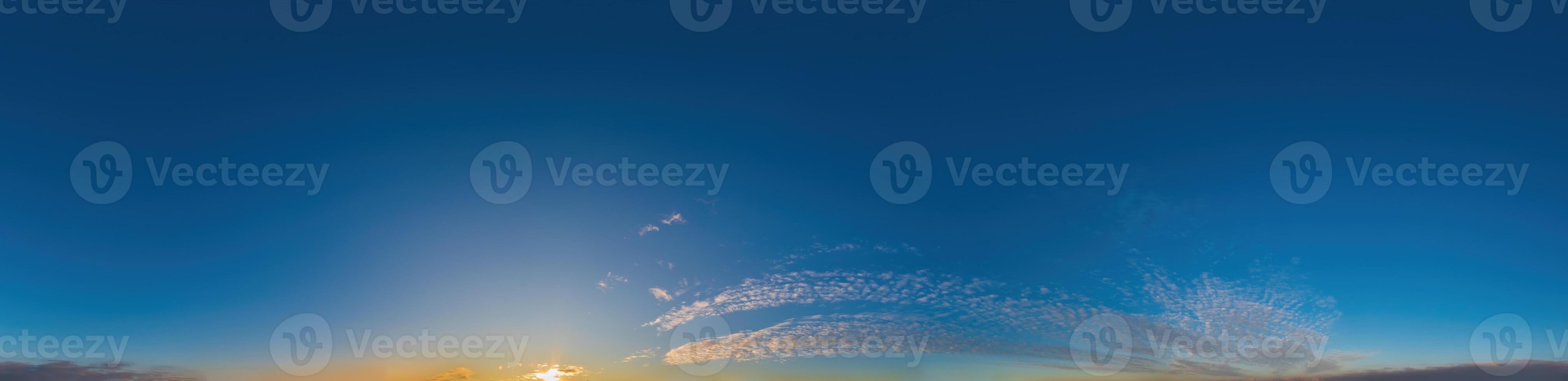 Dawn Sky panorama with Cirrus clouds in Seamless spherical equirectangular format with complete zenith for use in 3D graphics, game and composites in aerial drone 360 degree panoramas as sky dome photo