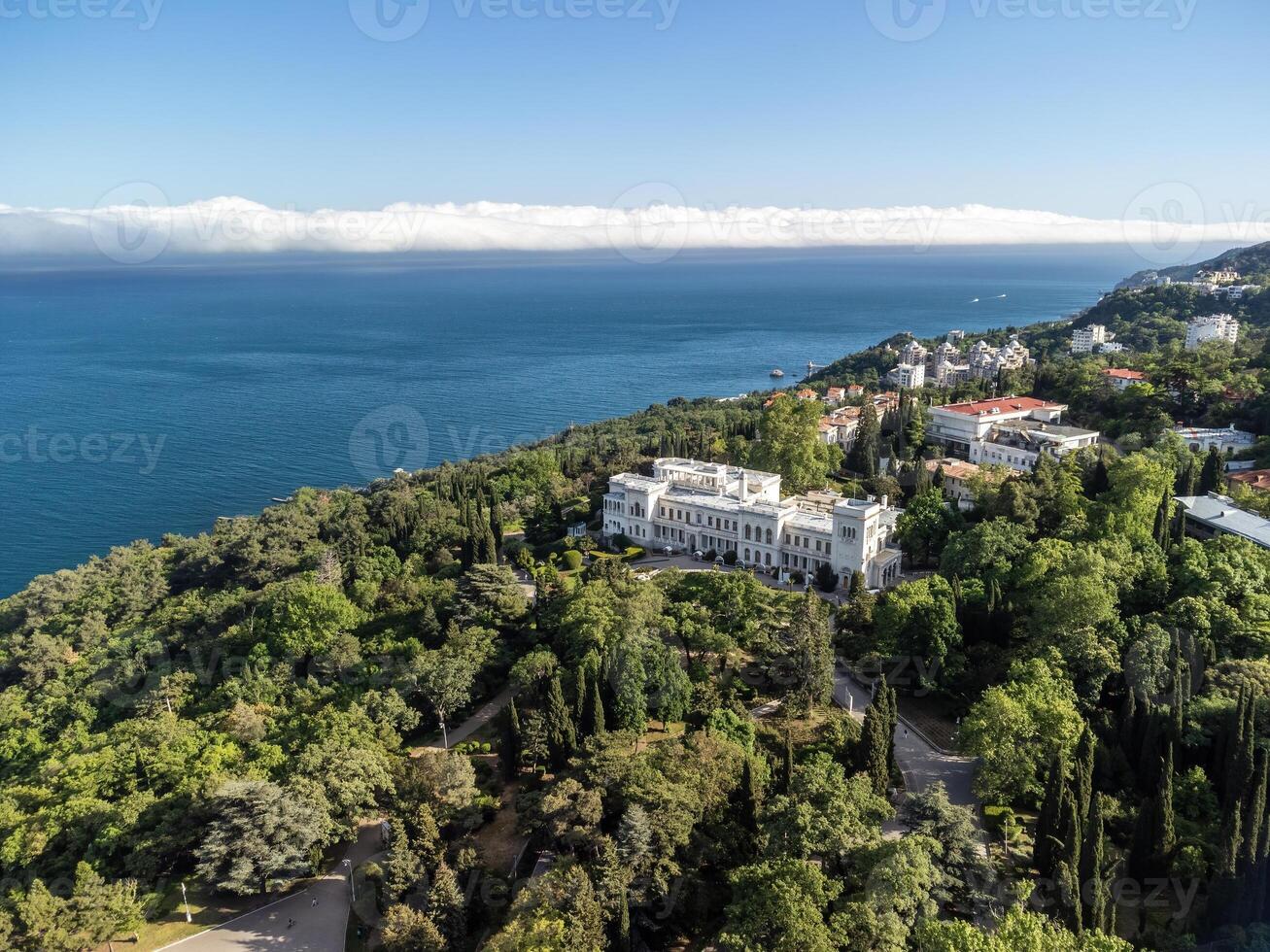 Aerial View of Livadia Palace - located on the shores of the Black Sea in the village of Livadia in the Yalta region of Crimea. Livadia Palace was a summer retreat of the last Russian tsar Nicholas II photo