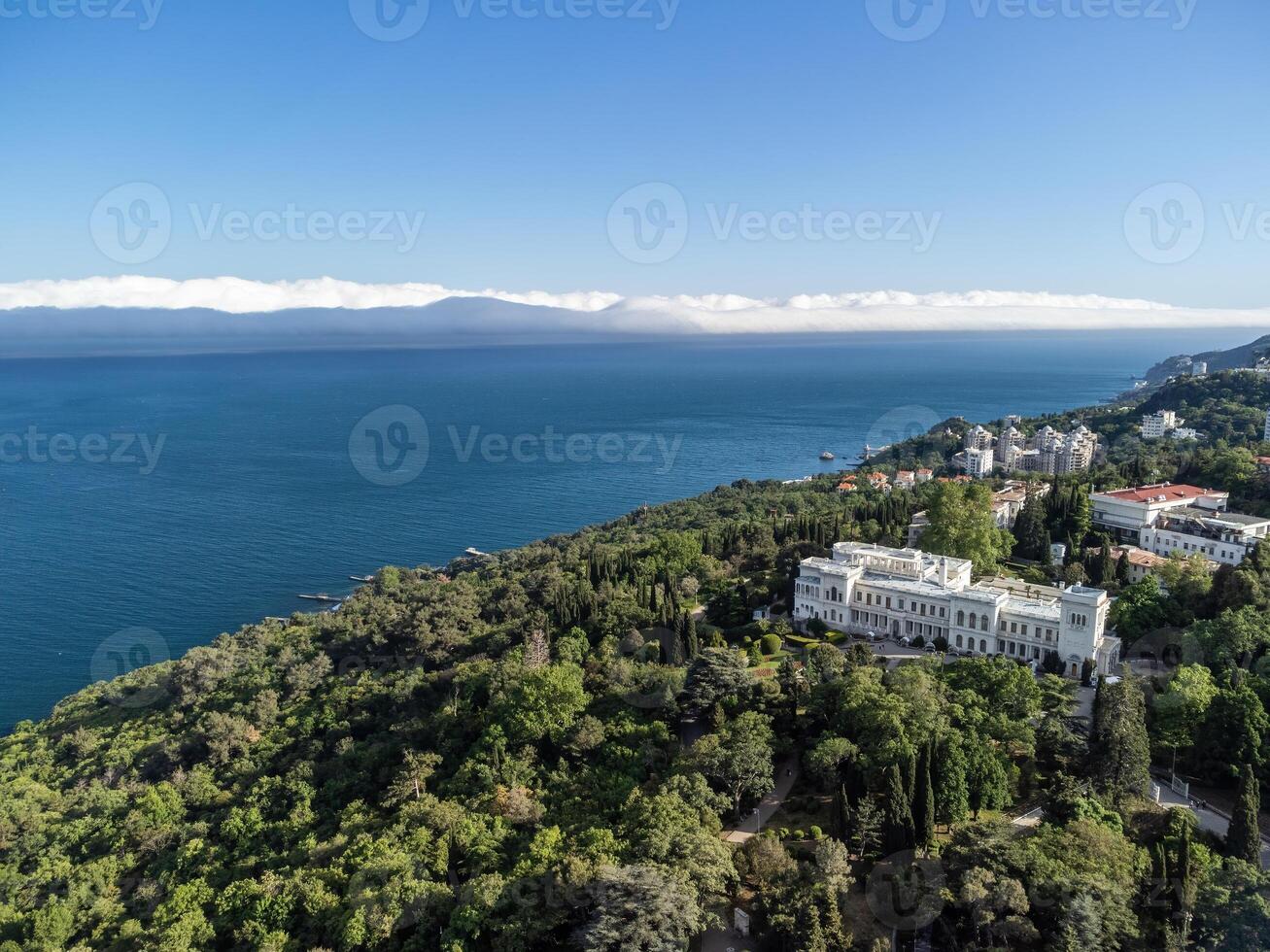 Aerial View of Livadia Palace - located on the shores of the Black Sea in the village of Livadia in the Yalta region of Crimea. Livadia Palace was a summer retreat of the last Russian tsar Nicholas II photo