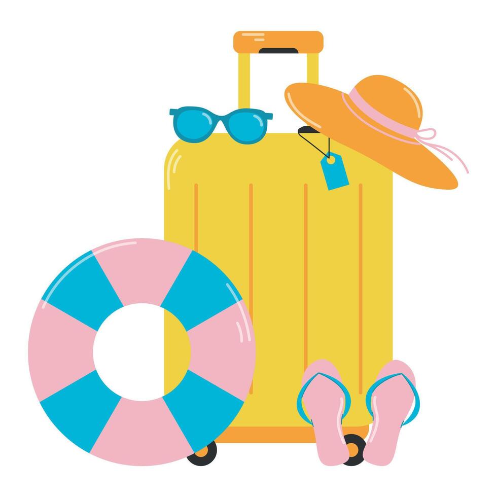 un conjunto de verano cosas, un maleta, un inflable anillo, un Panamá sombrero y playa zapatillas, un brillante vector tarjeta para mar Días festivos y viajar, verano clipart