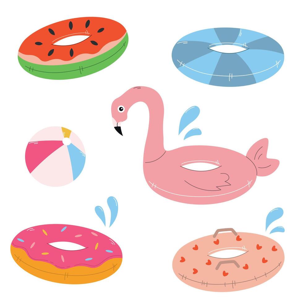 Set of rubber circles for the pool, Set of swimming circles on a white background, inflatable rubber toy for water and beach vector