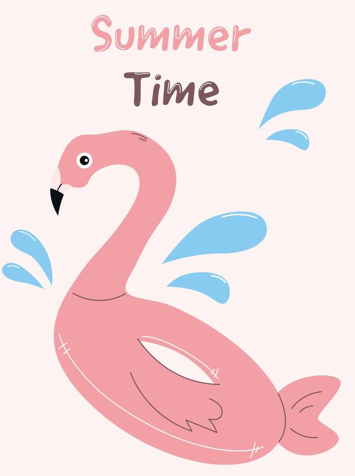 Summer time vector poster, summer time postcard, flamingo inflatable circle