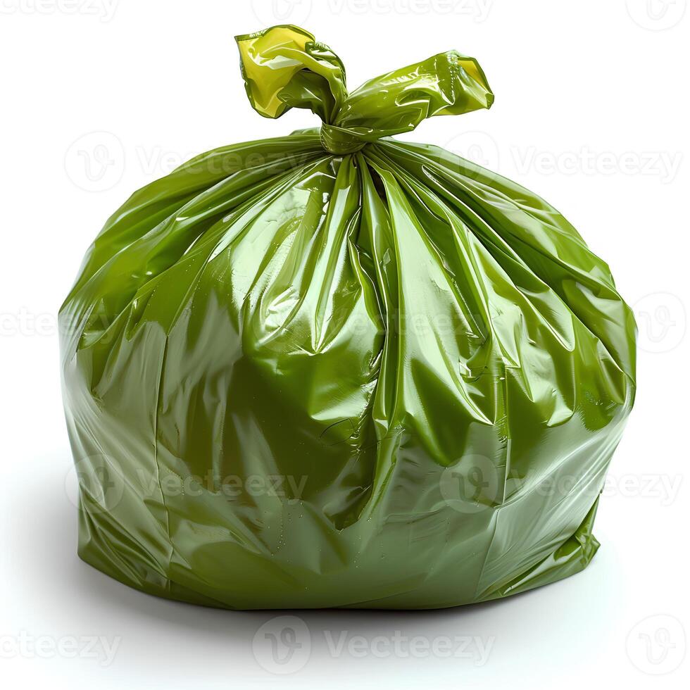 AI generated Green plastic trash bag isolated on white background with shadow. Green trash bag isolated. Trash bag for biodegradable materials photo