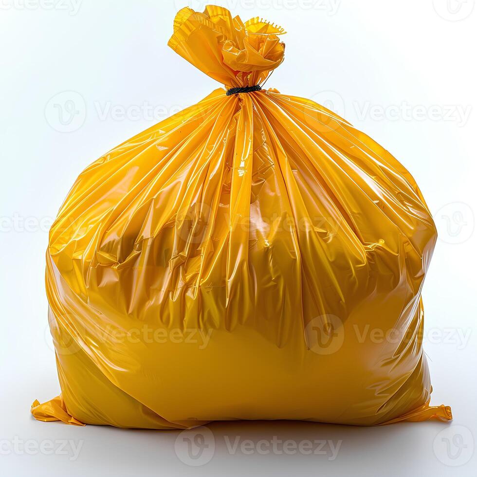 AI generated Yellow plastic trash bag isolated on white background with shadow. Yellow trash bag isolated. Trash bag for hazardous waste photo