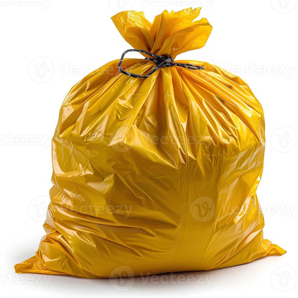 AI generated Yellow plastic trash bag isolated on white background with shadow. Yellow trash bag isolated. Trash bag for hazardous waste photo