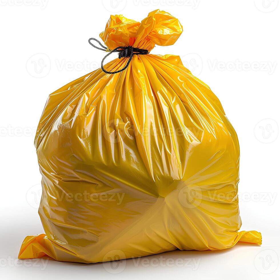 AI generated Yellow plastic trash bag isolated on white background with shadow. Yellow trash bag isolated. Trash bag for hazardous waste photo