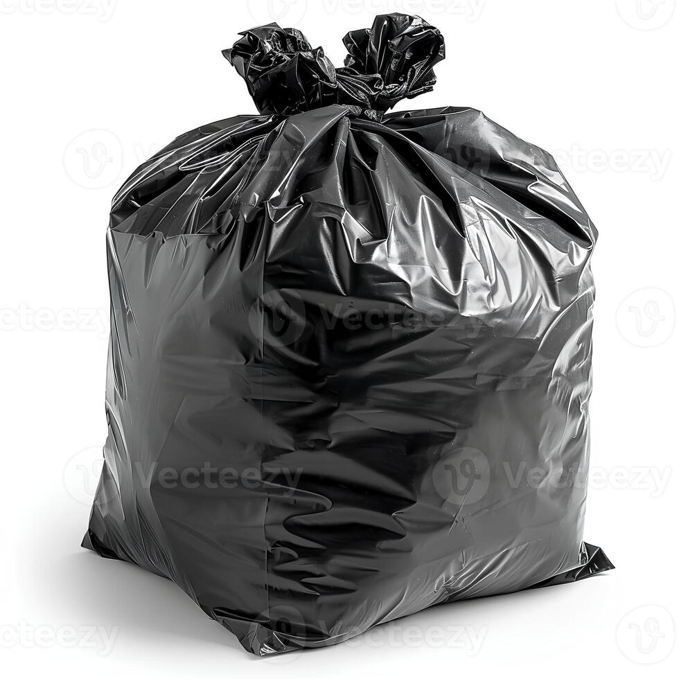 AI generated Black plastic trash bag isolated on white background with shadow. Black trash bag isolated. Trash bag for waste and garbage photo