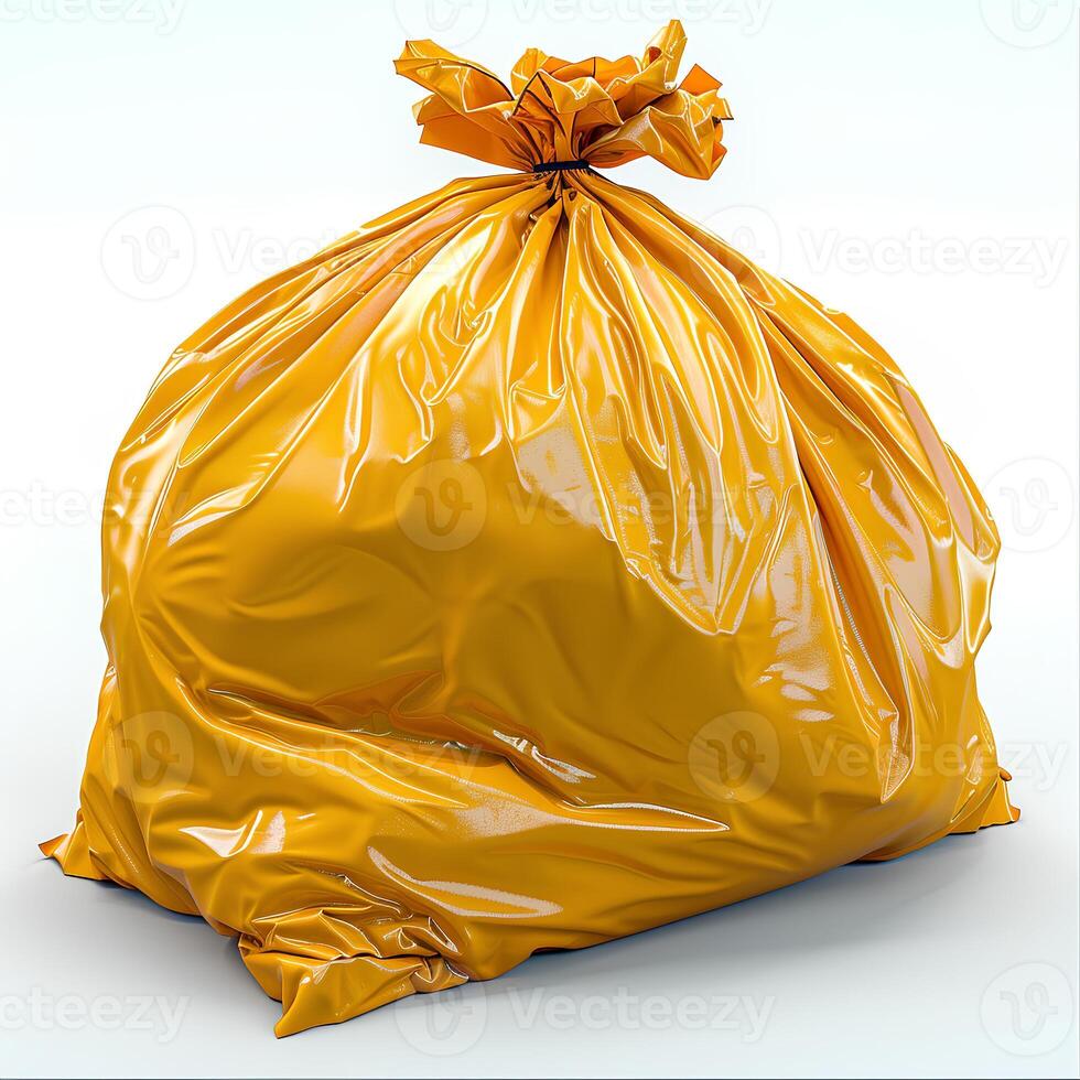 AI generated Yellow plastic trash bag isolated on white background with shadow. Yellow trash bag isolated. Trash bag for hazardous waste photo