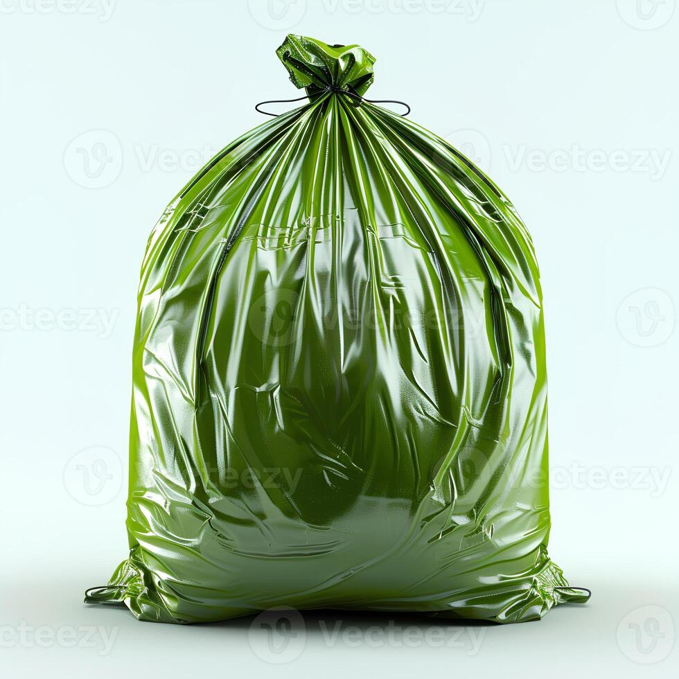 AI generated Green plastic trash bag isolated on white background with shadow. Green trash bag isolated. Trash bag for biodegradable materials photo