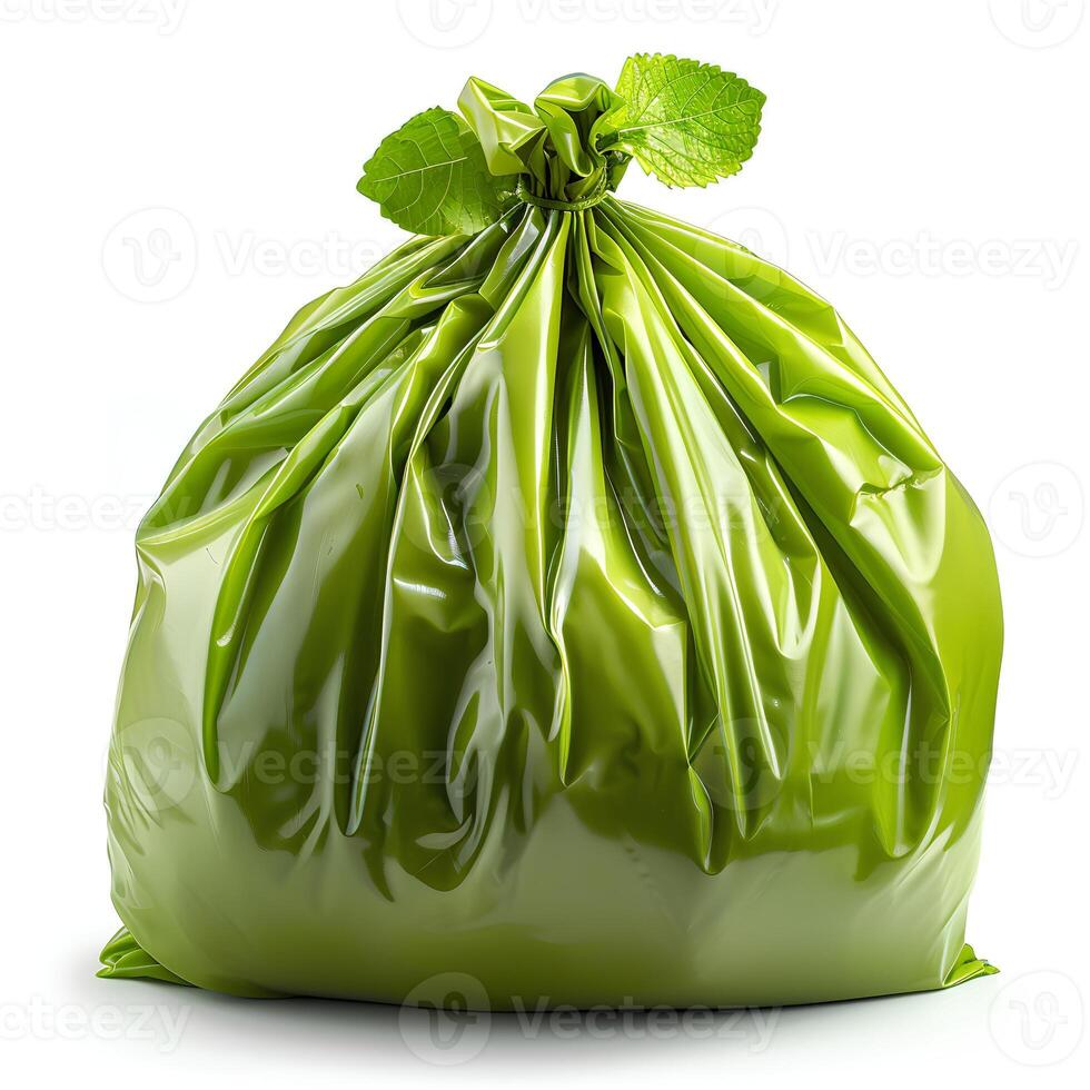 AI generated Green plastic trash bag isolated on white background with shadow. Green trash bag isolated. Trash bag for biodegradable materials photo