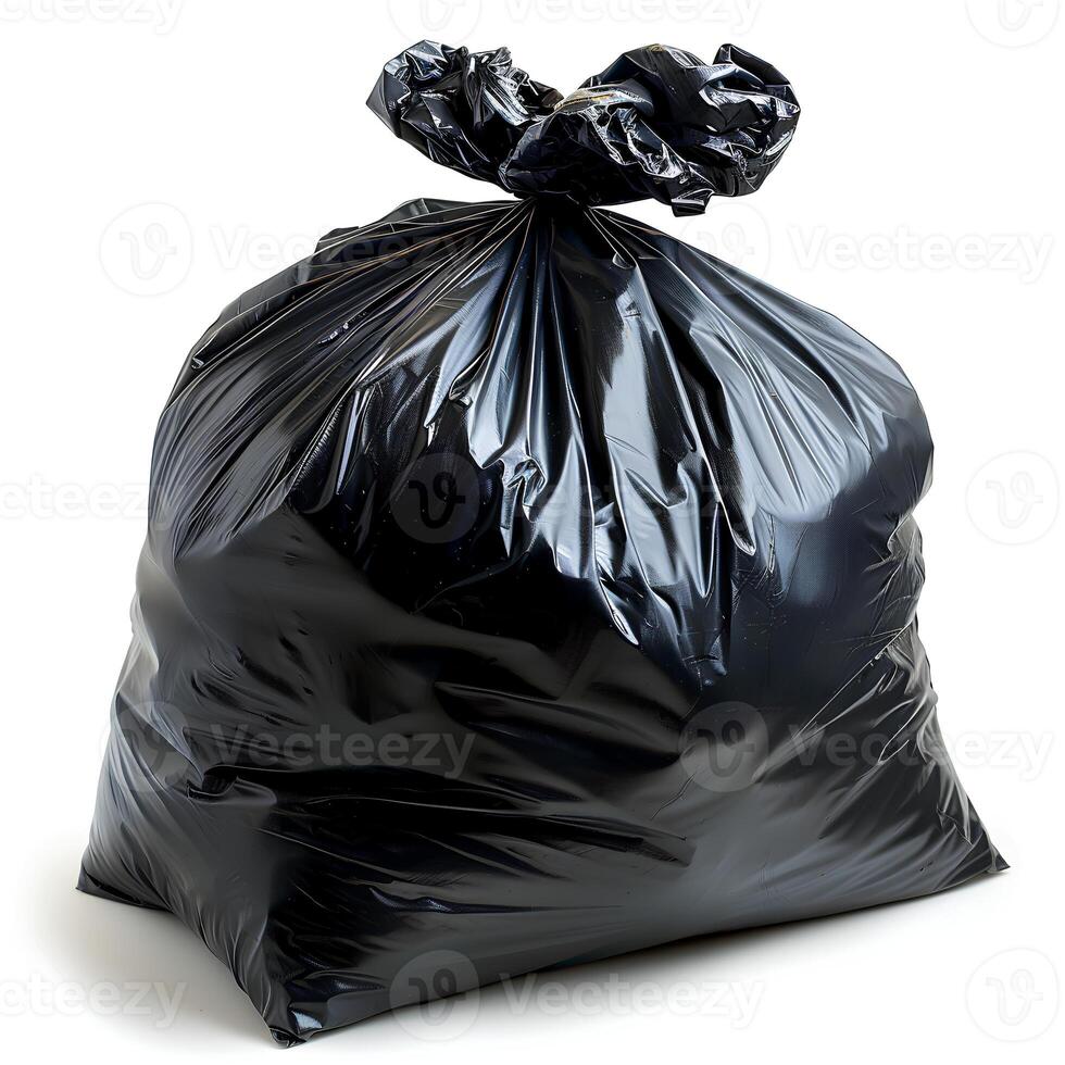 AI generated Black plastic trash bag isolated on white background with shadow. Black trash bag isolated. Trash bag for waste and garbage photo