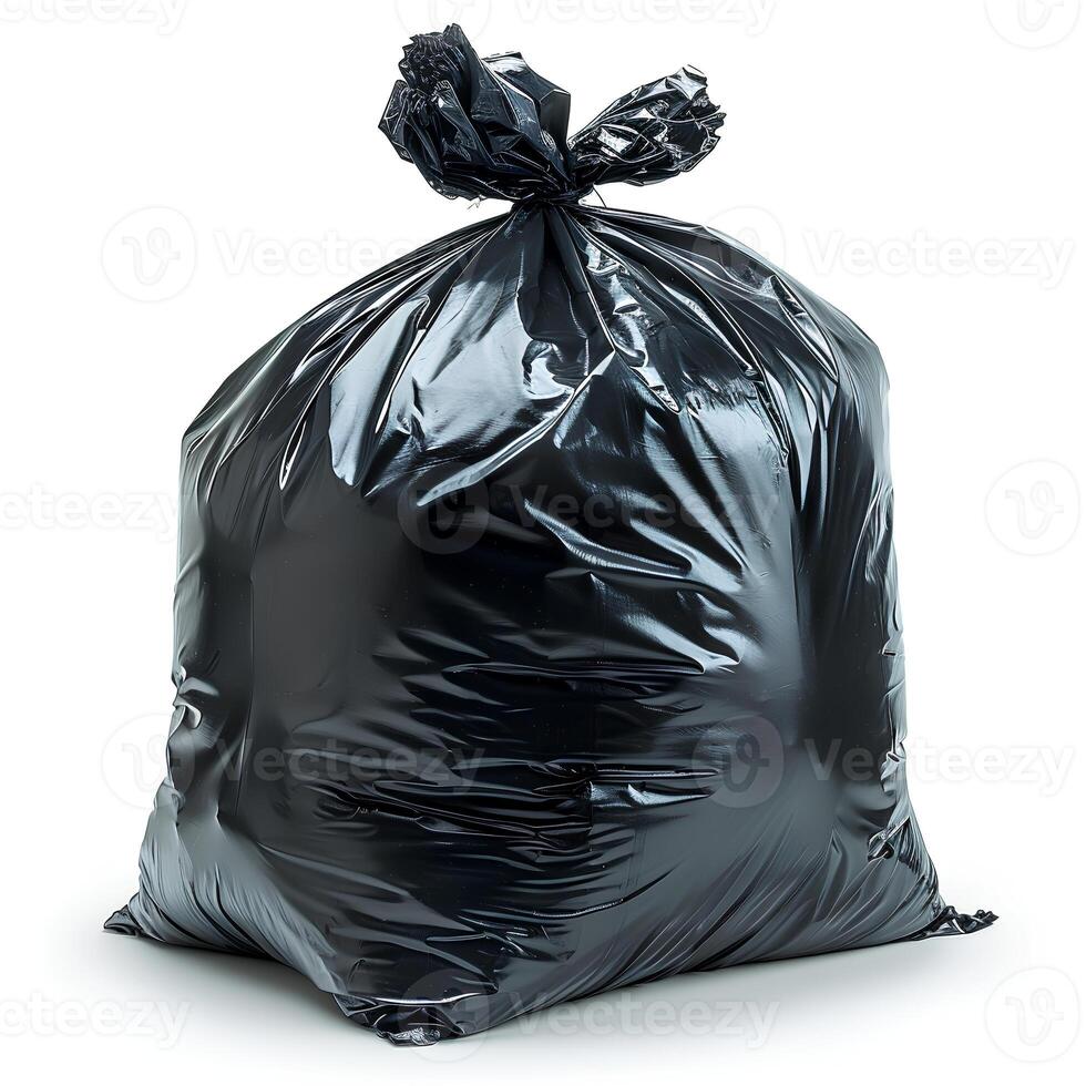 AI generated Black plastic trash bag isolated on white background with shadow. Black trash bag isolated. Trash bag for waste and garbage photo