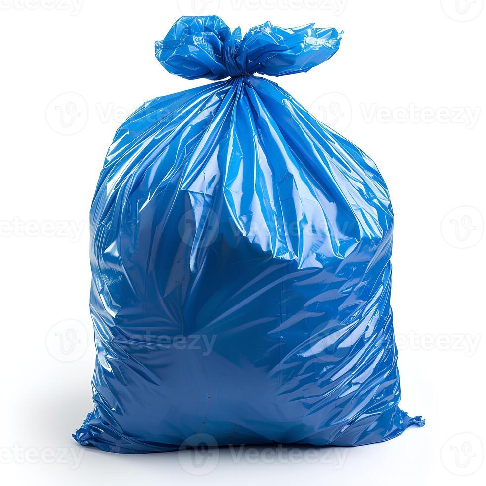 AI generated Blue plastic trash bag isolated on white background with shadow. Blue trash bag isolated. Recyclable garbage bag for waste and garbage photo