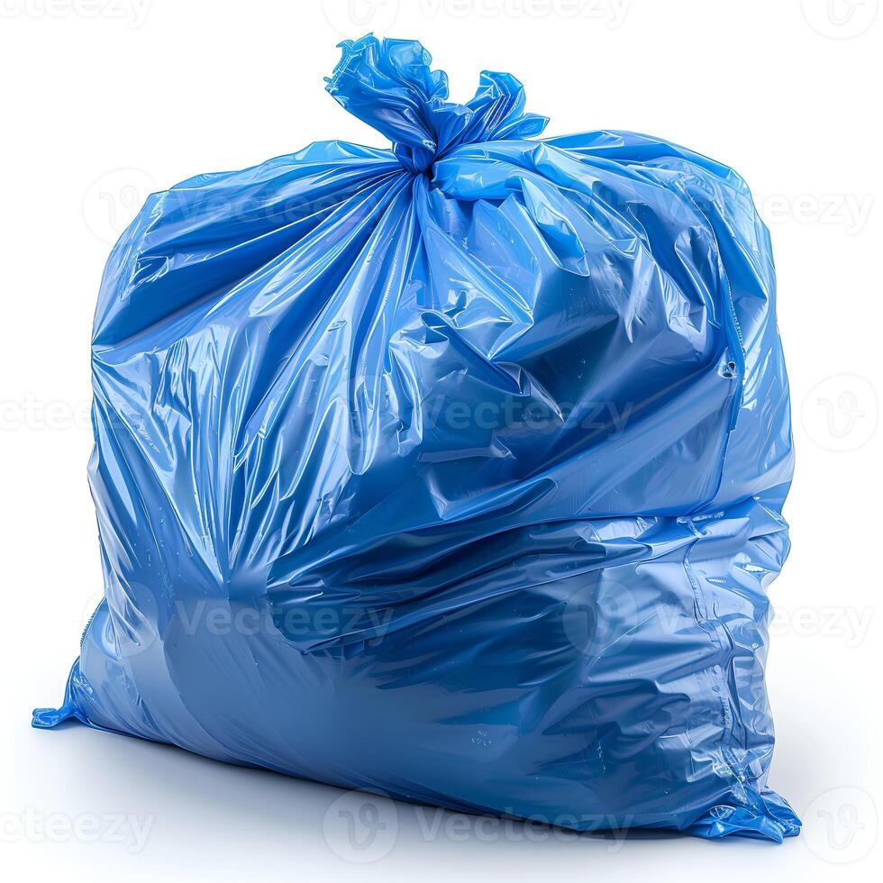 AI generated Blue plastic trash bag isolated on white background with shadow. Blue trash bag isolated. Recyclable garbage bag for waste and garbage photo