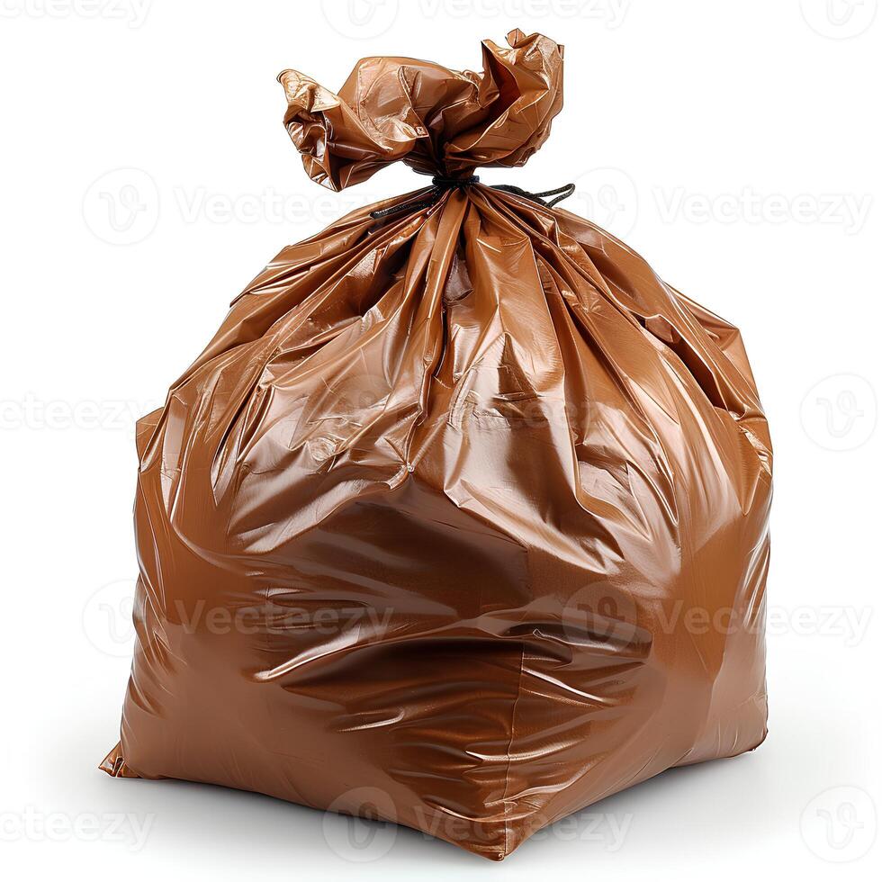 AI generated Brown plastic trash bag isolated on white background with shadow. Brown trash bag isolated. Trash bag for donations photo