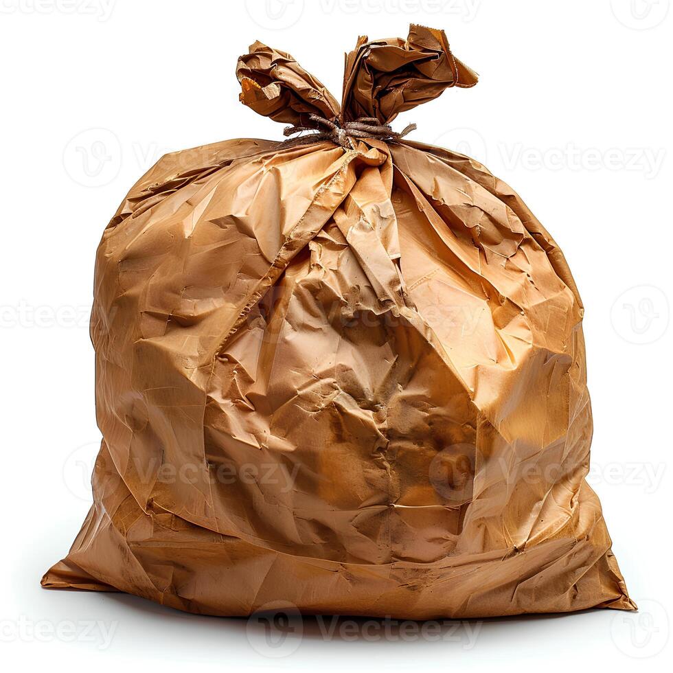 AI generated Brown plastic trash bag isolated on white background with shadow. Brown trash bag isolated. Trash bag for donations photo