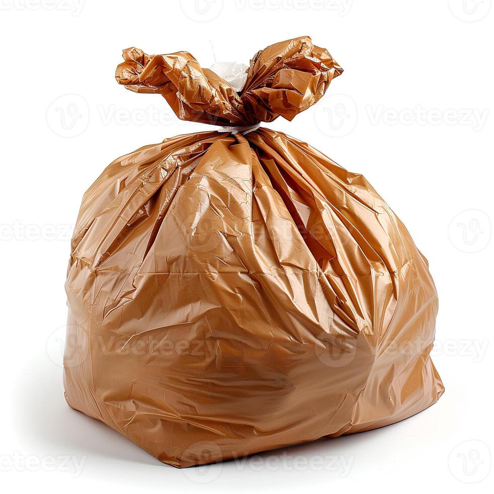 AI generated Brown plastic trash bag isolated on white background with shadow. Brown trash bag isolated. Trash bag for donations photo