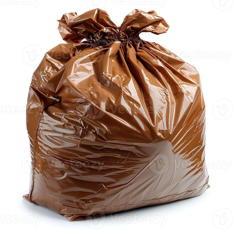 AI generated Brown plastic trash bag isolated on white background with shadow. Brown trash bag isolated. Trash bag for donations photo