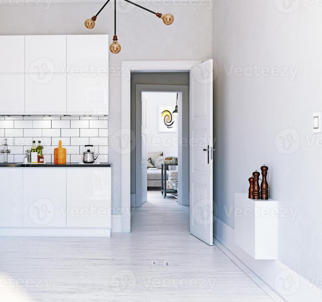 moderno escandinavo estilo cocina interior. foto