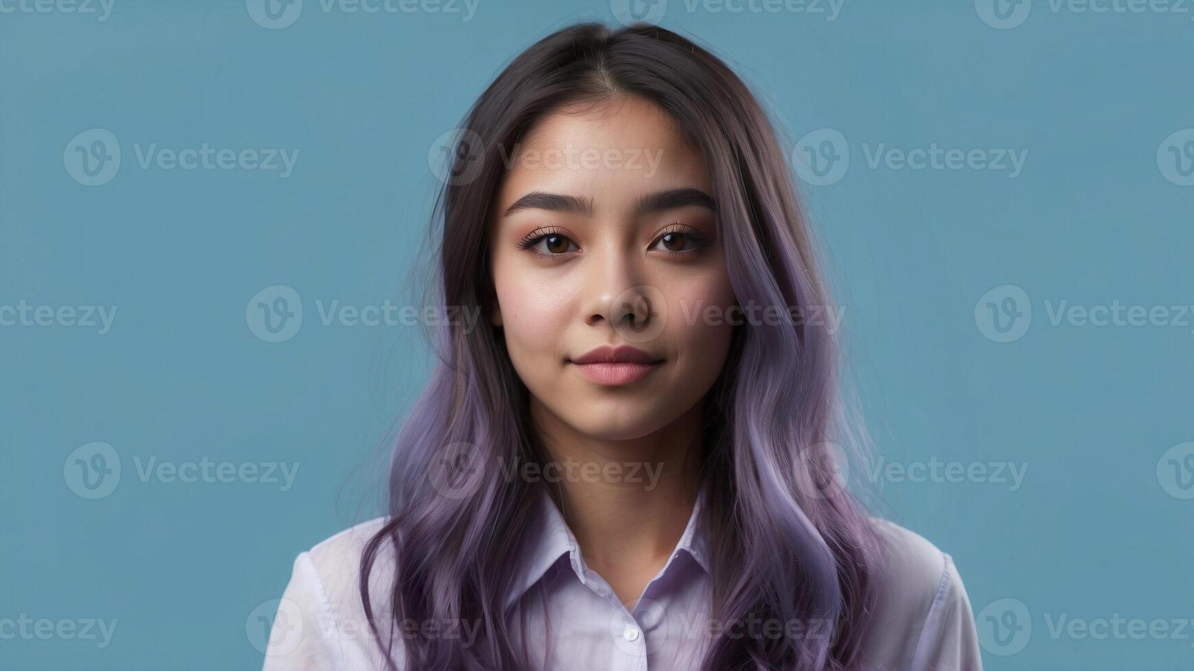 AI generated a young woman with purple hair and a white shirt photo