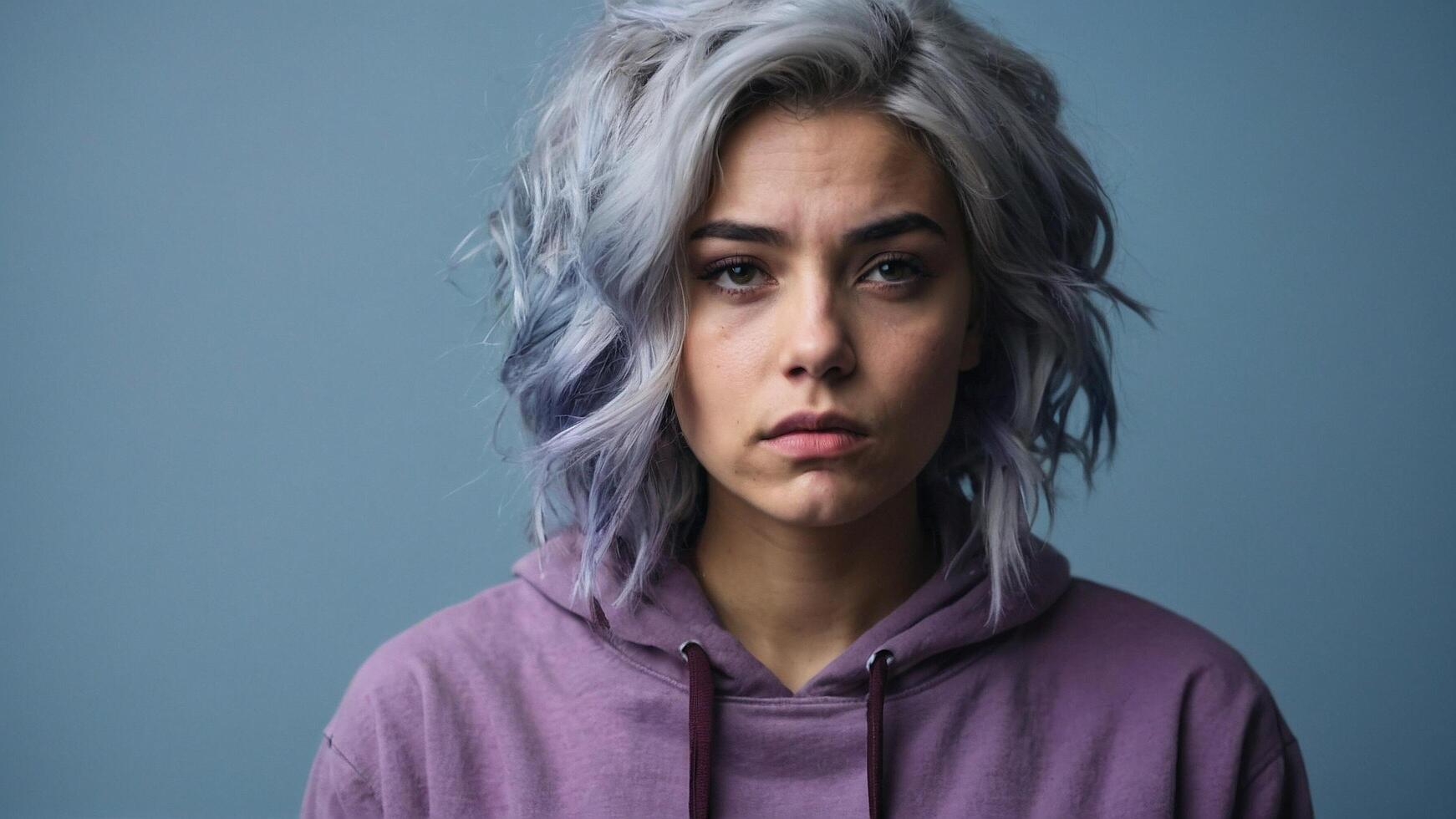 AI generated a woman with gray hair and purple shirt photo