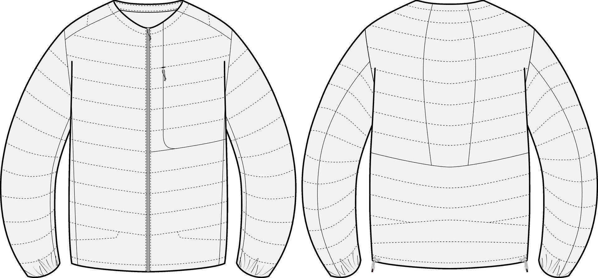 Long sleeve Nylon Puffer Jacket Design Vector Template with front and back view, unisex winter jacket