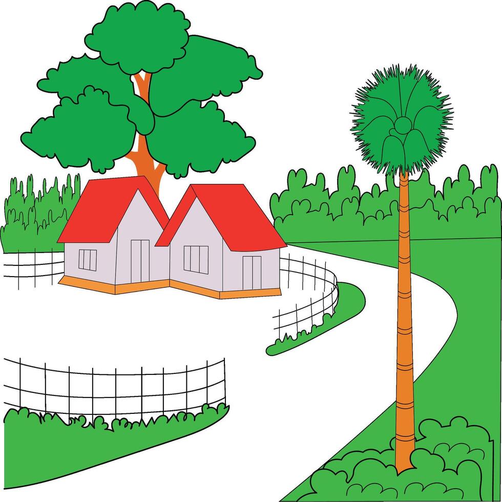 pueblo vida con casa y árbol vector