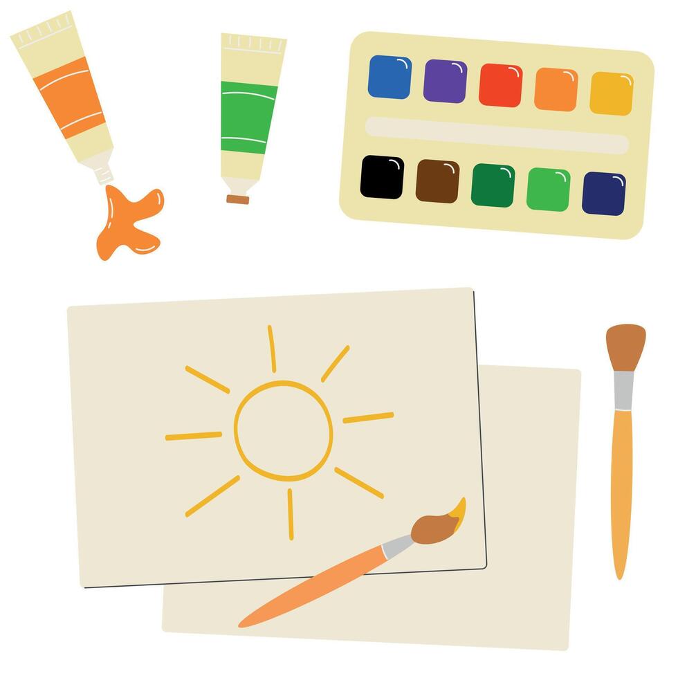 conjunto de vector elementos de pintura herramientas, Arte suministros, pintar tubos, cepillos, acuarelas, dibujo hojas, sol, plano estilo