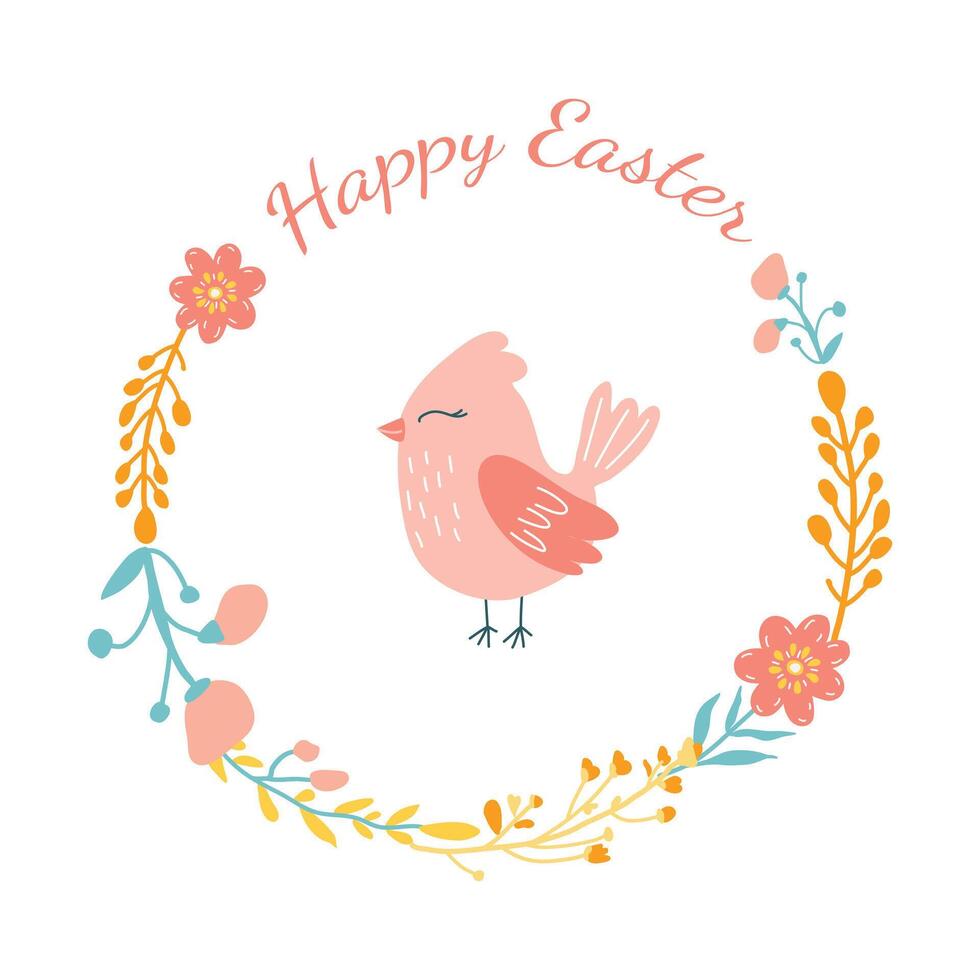 Easter wreath with flowers and bird on white background. vector