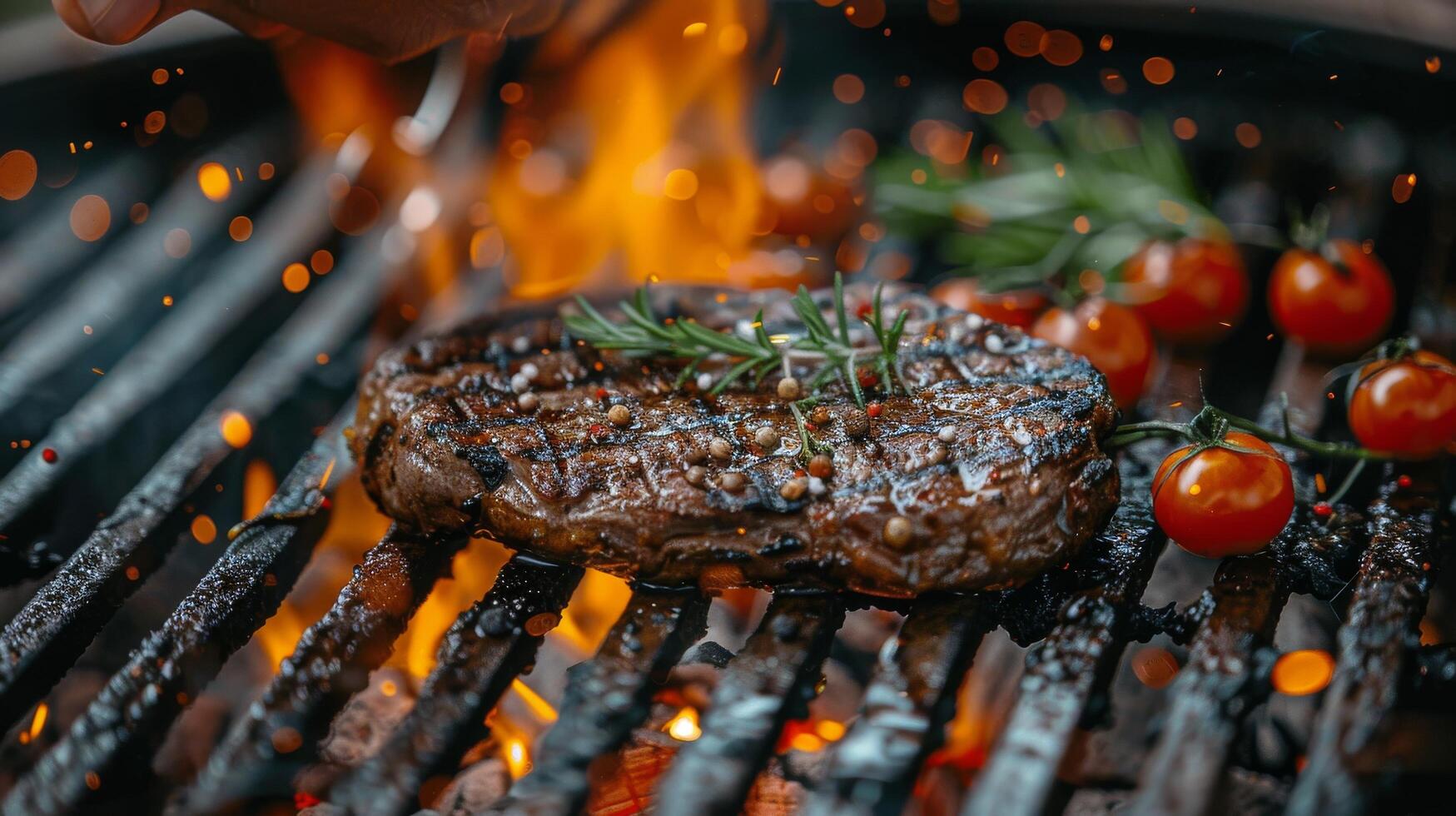 ai generado persona interrogatorio intenso filetes en parrilla con llamas foto